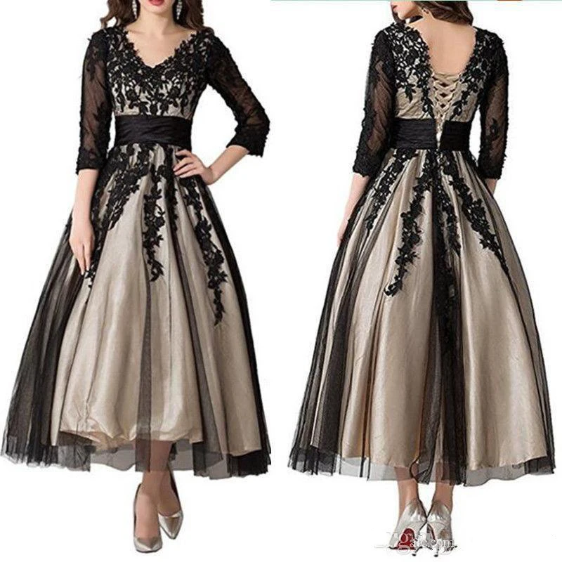 

3/4 Long Sleeve Black Lace Mother of the Bride Dress Ankle Length V Neck Champagne Lining Wedding Guest Dress Special Occasion