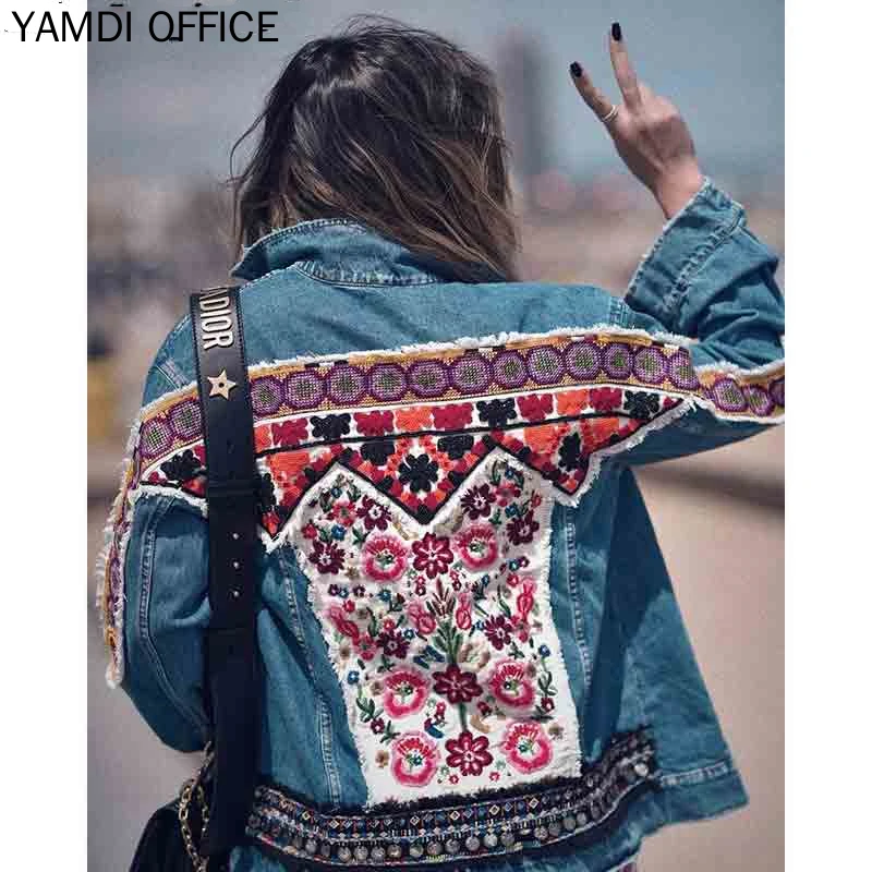 YAMDI Женская осенне-зимняя куртка винтажная богемная джинсовая вышивка женская верхняя одежда кардиган с цветочным принтом шикарное пальто