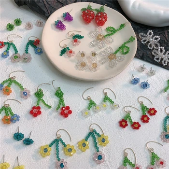 

AOMU Korean New Handmade Colorful Crystal Beads Flower Drop Earrings For Women Students Fashion Holiday Brincos Summer Jewelry