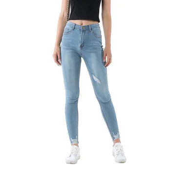 

KALENMOS New Jeans Pencil Pants Women High Waist Slim Denim Vintage Hole Ripped Denim Jeans Casual Stretch Trousers Jeans