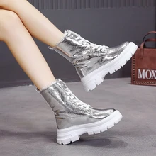 Блестящие ботинки до середины икры яркого цвета; коллекция года; женские зимние теплые ботинки до середины икры на нескользящей платформе с плюшевой подкладкой