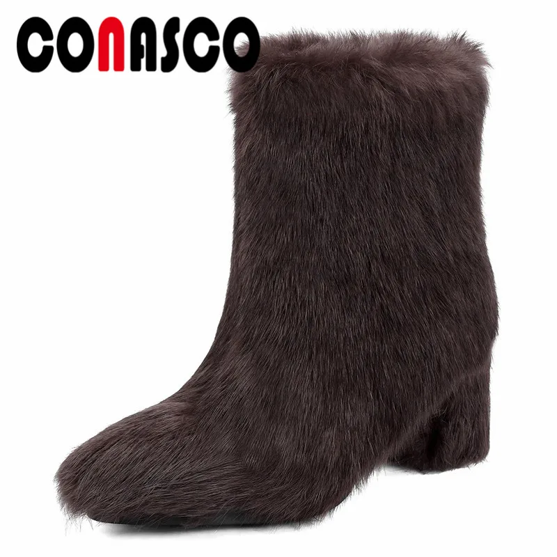 

CONASCO 2020 Newest Tide Woman Autumn Winter Warm Genuine Leather Party Shoes Plus Velvet Warm Ankle Boots Fur Shoes Woman