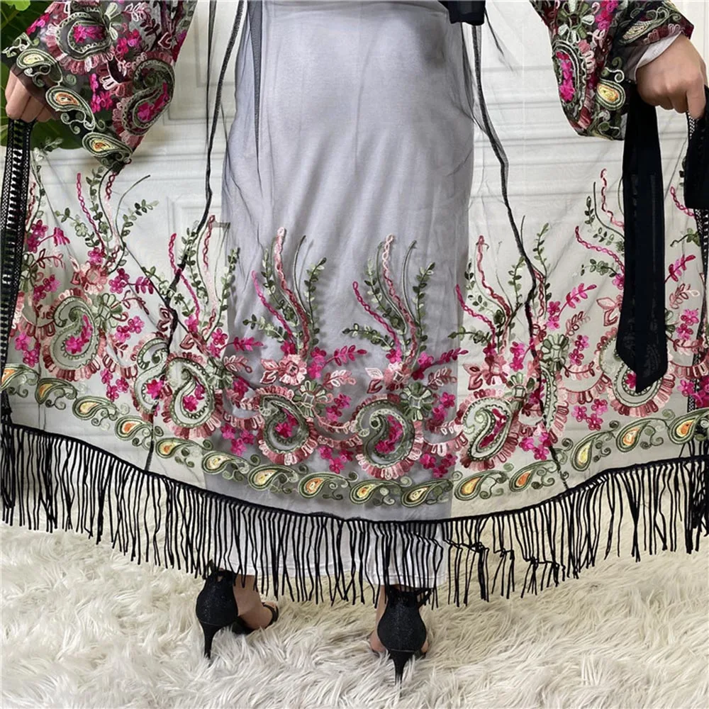 Eid Plus Size Kimono Mujer Abaya Women Turkey Islam Arabic Muslim Floral Embroidery Chiffon Cardigan Clothing Robe Chemise Femme