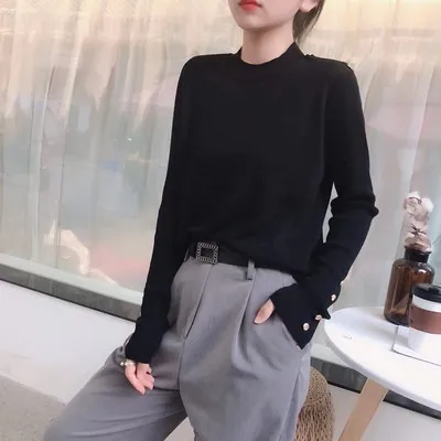 black long sleeves Осенняя и зимняя трикотажная рубашка с открытыми плечами и длинным рукавом, пуловер, свободный джемпер, кашемировая рубашка, женский свитер на пуговицах - Цвет: black long sleeves