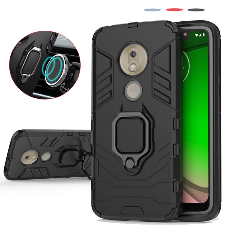 

Magnetic Armor Shockproof Phone Case For Motorola Moto G7 Plus Luxury 360 Rotating Finger Ring For Moto G7 Play Car Holder Cover