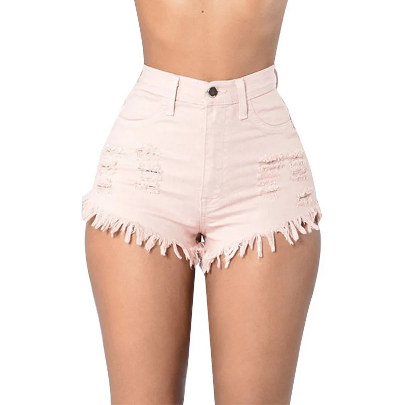 Puimentiua повседневные летние женские джинсовые шорты модные с высокой талией рваные джинсовые шорты с кисточками женские тонкие шорты для фитнеса - Цвет: pink(style2)