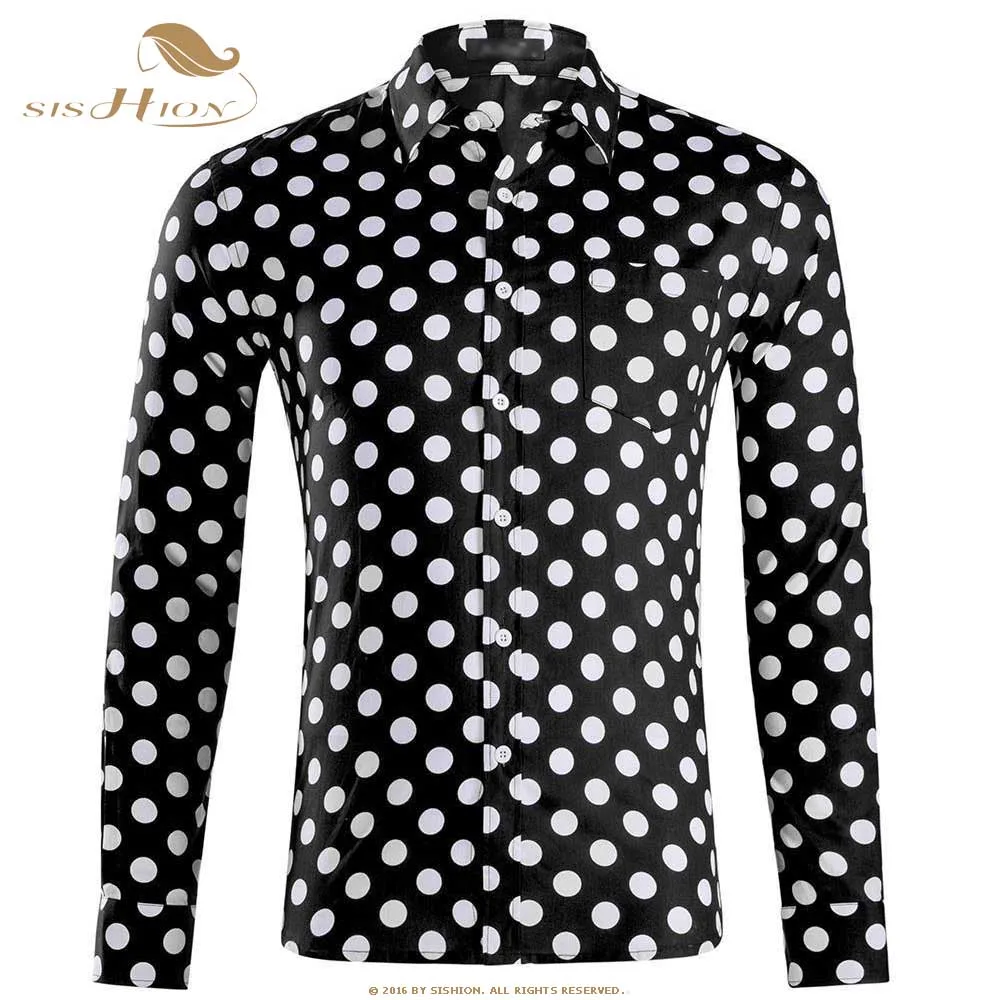 

SISHION Autumn Vintage Mens Polka Dots Shirts Long Sleeve Cotton Men Black White Plus Size Single Breasted Shirt QY0339