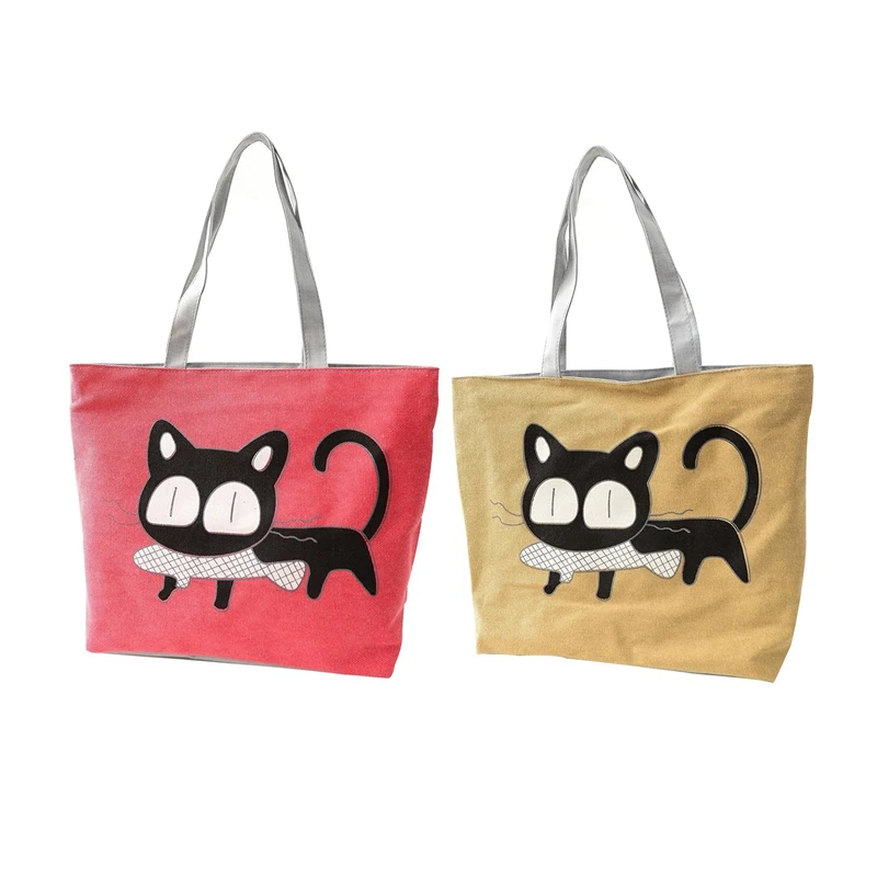 

2Pcs Girl Cat Eat Fish Shopping Bag Shoulder Women Handbags Beach Tote Bags Handbags - Red & Yellow