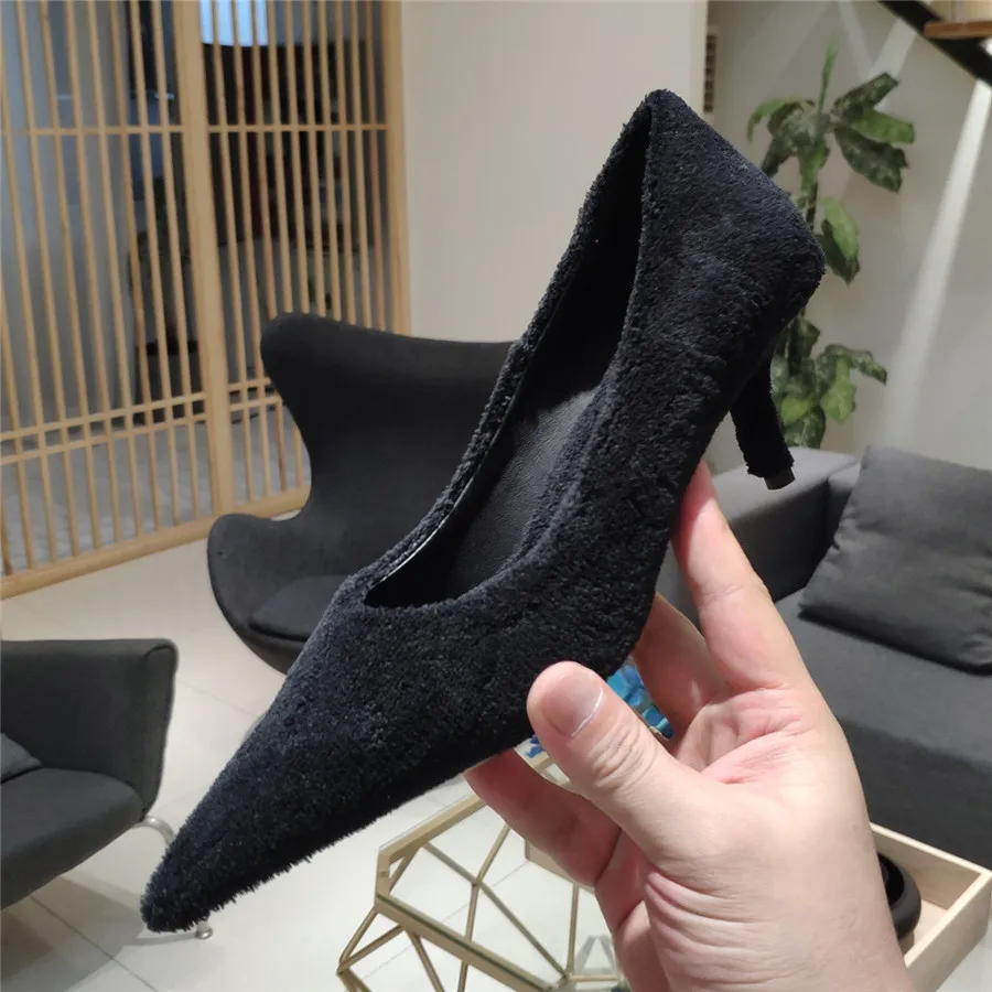 black 4 cm Зеленые Фланелевые Туфли-лодочки; женские пикантные осенние туфли на тонком высоком каблуке с острым носком без застежки; женские свадебные модельные туфли; zapatos mujer; - Цвет: black 4 cm