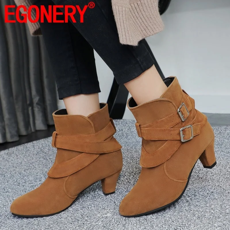

EGONERY winter new fashion ankle boots outside mid heels buckle round toe flock office women shoes drop shipping size 34-43