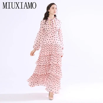 

MIUXIMAO 2020 Spring & Summer Maxi Dress Top Quality Newest Europe Fashion Elegant Pink Dot Print Long Dress Women Cake Dress