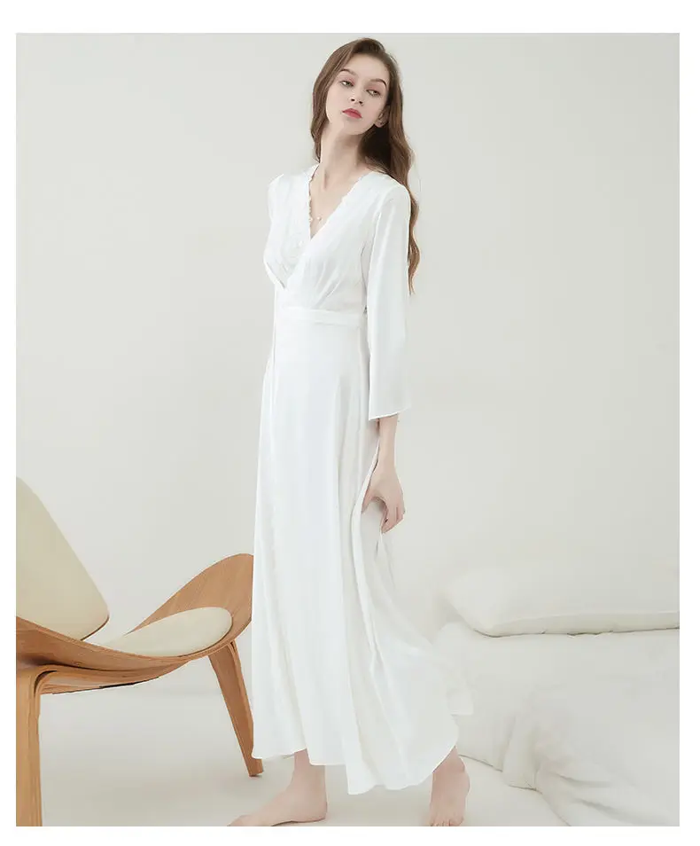 QWEEK Satin Fancy Nightgown Silk Fairy Dress Women Embroidery Lace Sleepwear Vintage Nightie Long Dressing Gown Bride Wedding