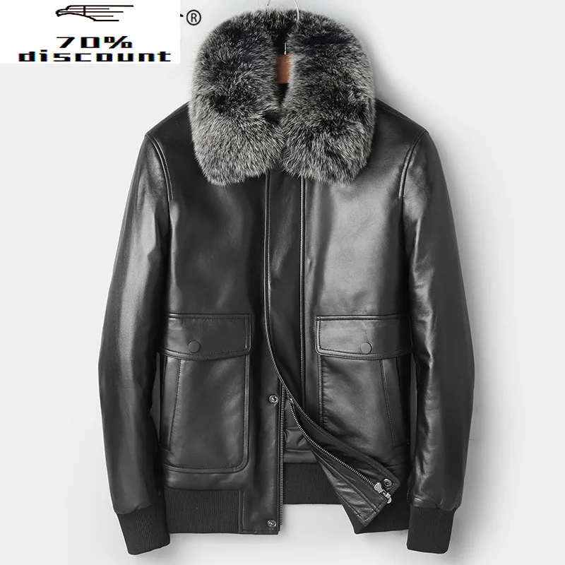 

Genuine Leather Men's Down Jacket Fox Fur Collar Short Real Sheepskin Coat Autumn Winter Jackets Leren Jas Heren 82Z2805