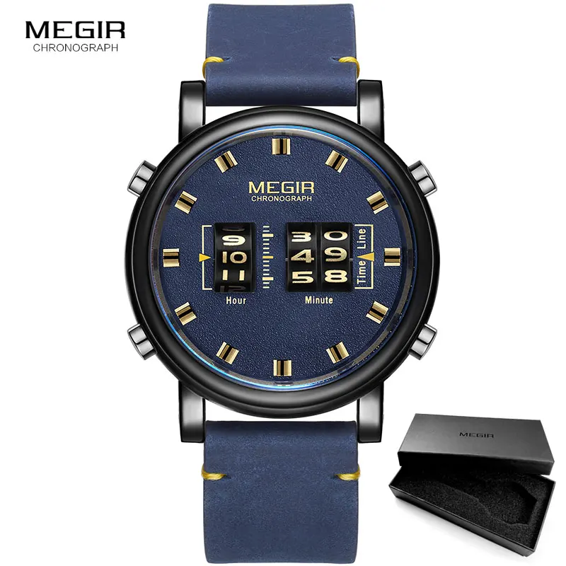 ML2137G-Blue MEGIR часы с барабанным роликом для мужчин Топ люксовый бренд Мужские Военные Спортивные кварцевые наручные часы синий кожаный цифровой relogio masculino 2137 - Цвет: ML2137G-Blue