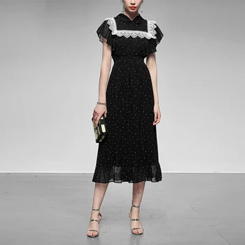 

Seifrmann Summer Fashion Runway Black Dress Ladies Doll collar Butterfly Sleeve Ruffles Polka Dot Vintage Women Slim Midi Dress