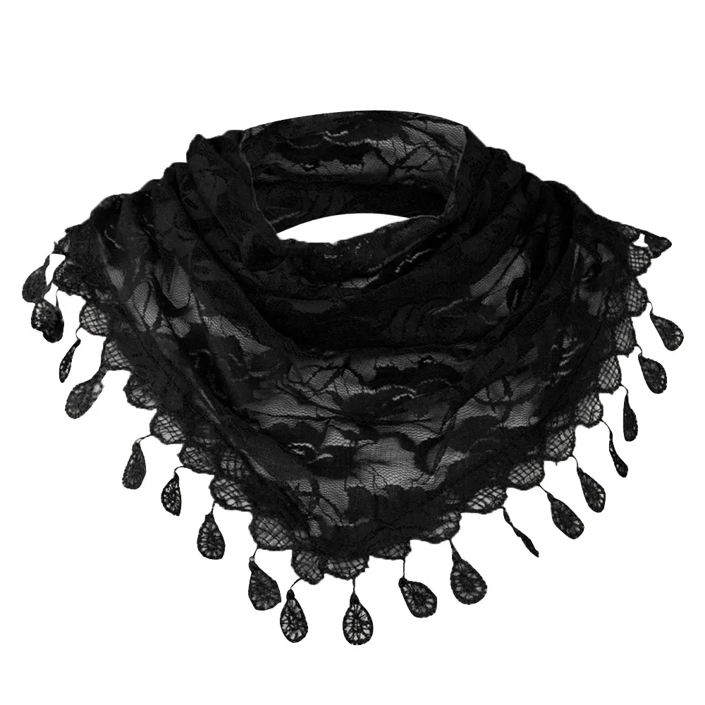 Black Женские шарфы с кружевами и кисточками, розовый цветочный полый Шарф, Шаль для девушек, молодежные дышащие шарфы, шейный платок, палантин - Цвет: Black