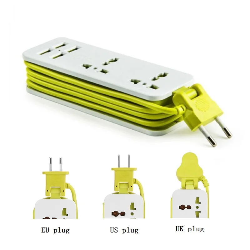 Адаптер для путешествий, блок питания 2AC, универсальная розетка, 4 порта USB для мобильного телефона, штепсельная вилка европейского стандарта Великобритании и США, несколько разъемов, кабель 1,5 м
