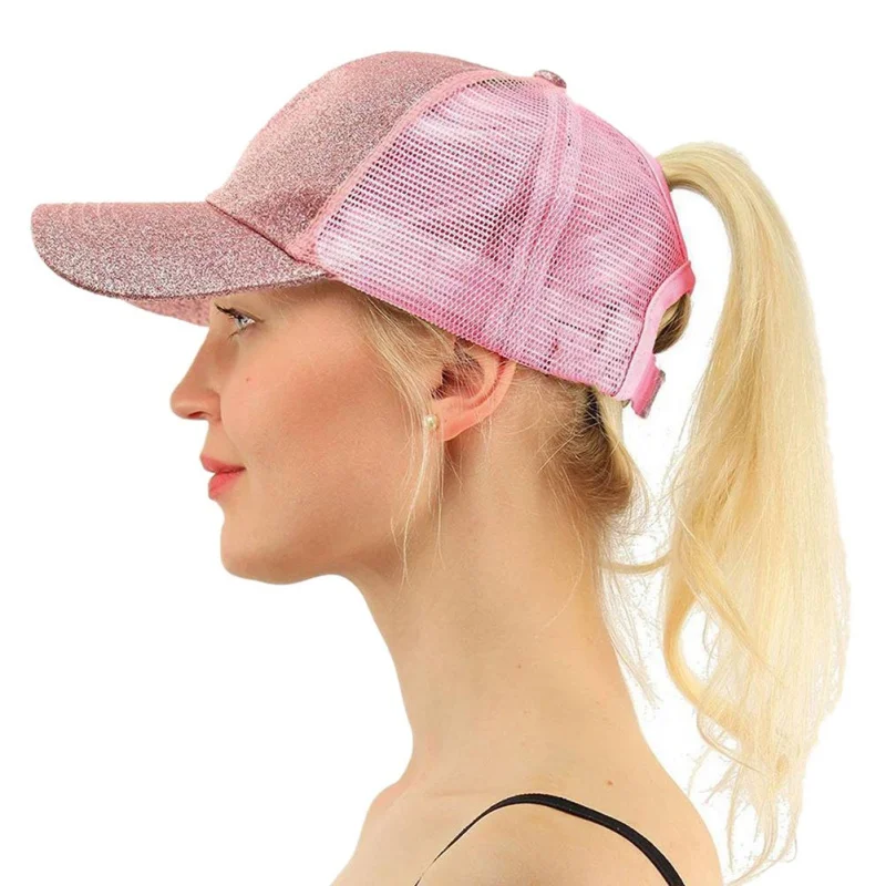 Регулируемая Спортивная Кепка s, Беговая Кепка, блестящая, для женщин и мужчин, блестящая, с блестками, с защелкой сзади, шапка, грязная булочка, сетчатые шапки - Цвет: Pink