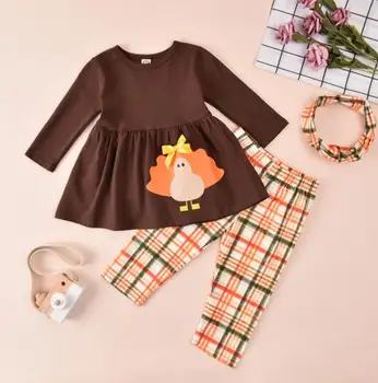 価格 女の赤ちゃん感謝祭3服セット長袖の漫画七面鳥プリントトップ + チェック柄パンツ + ヘッドバンドセットキッズベビー