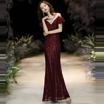 

Skyyue Evening Dresses Burgundy Crystal Sequined Party Dress K139 Elegant Robe De Soiree Beading Long Mermaid Formal Prom Gowns
