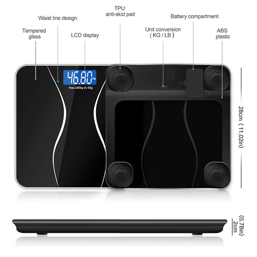 Battery Powered Slim Waist Digital Weight Scale Smart Sensor Auto Shut-Off LCD Display Non-Slip Bathroom Modern Tempered Glass