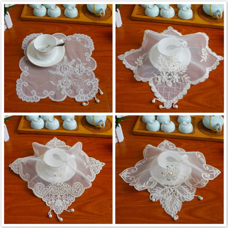 

European-style Lace Embroidery Bead Pendant Square Placemat Balcony Bedroom Kitchen Tea Table Mat Food Fruit Dessert Cover Cloth