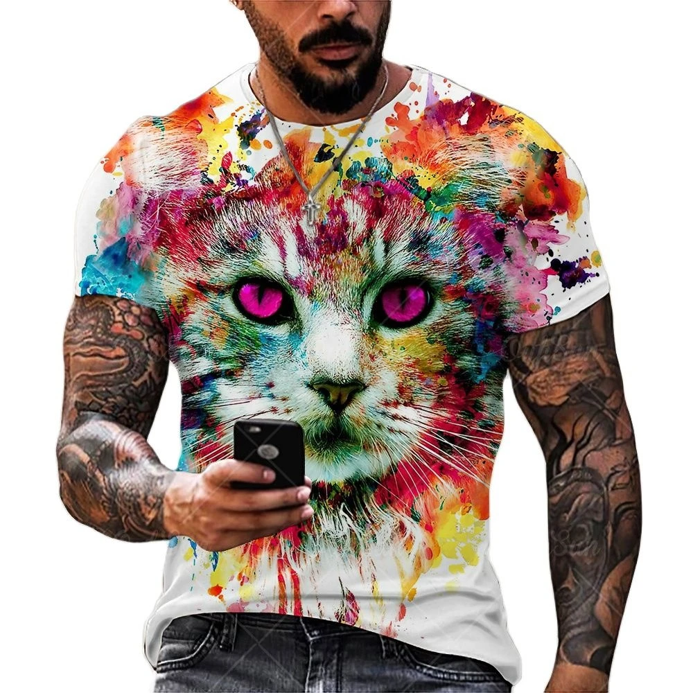 Camisetas de manga para hombre, cuello redondo, ropa de verano e informal, holgadas, grandes, gatos impresos 3D y animales Camisetas| - AliExpress