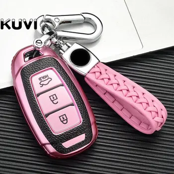 

Leather Car Key Case For Hyundai Santa Fe TM 2019 I30 2018 Solaris Azera Elantra Grandeur Accent Keychain Holder Protector