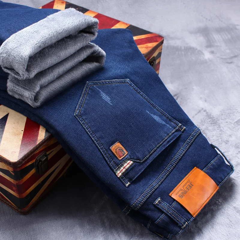 

Warm Jeans Men Fleece Classic Straight Stretch Black Winter Denim Jeans Pants For Men Size 40 42 Male Clothing 2020