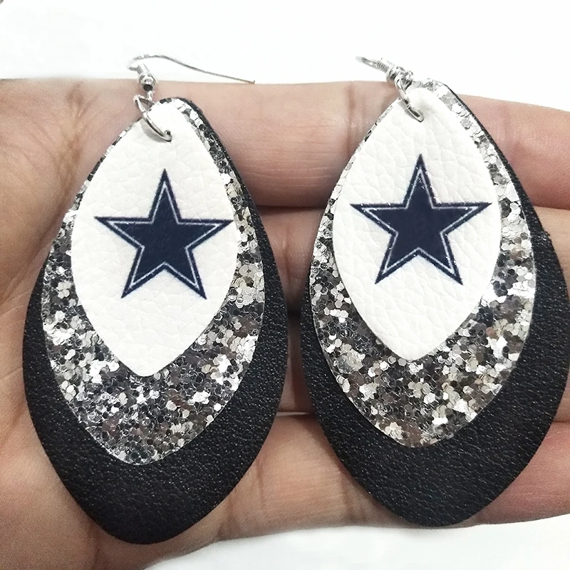 Новинка, Dallas Cowboys,, тройные блестящие футбольные кожаные серьги, 3D, три слоя листьев, каплевидные серьги, командные подарки на заказ