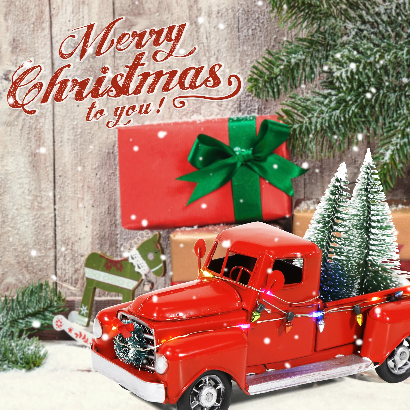 

OurWarm LED Version Christmas Retro Red Truck Ornaments Metal Truck Car With Mini Christmas Tree and LED String Lights DECOR