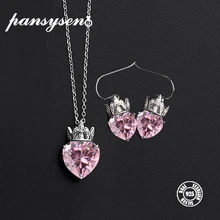 PANSYSEN 925 пробы Серебряные Ювелирные наборы сердце розовый кварц корона кулон ожерелье серьги модный набор украшений для женщин
