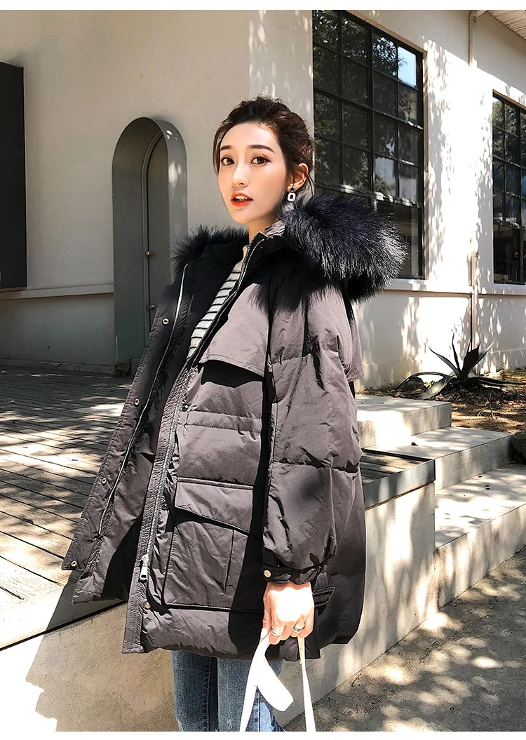 New Style Korean-style White Duck Down Jacket Women's Short-height Workwear Coat Genuine Fur Collar Income Belt Slimming