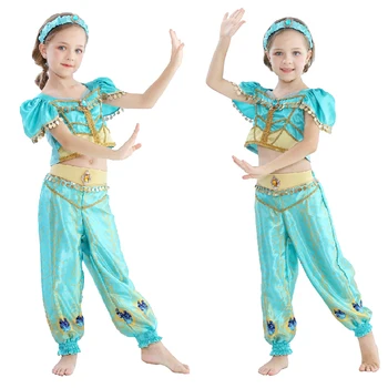 

2019 Movie Girls Kid Summer Jasmine Princess Dance Dress Children Aladdin Halloween Party Performance Costume Top Skirt Pant Set