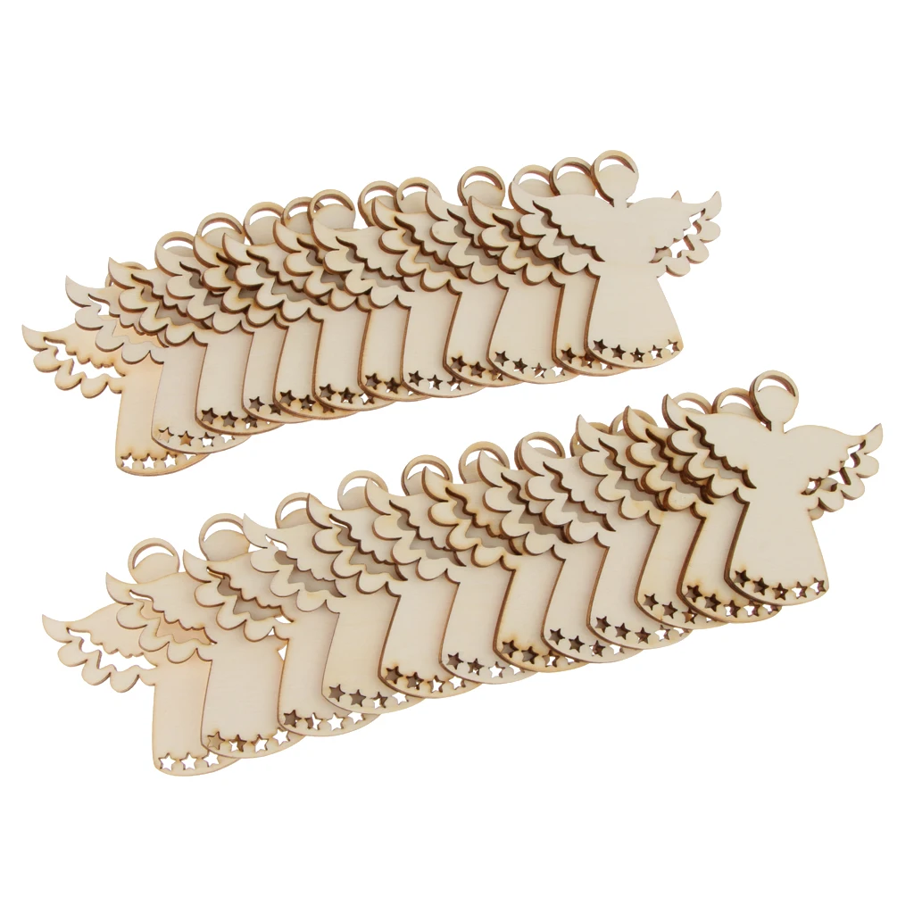 Pieces of 24 Unpainted Angel Wooden Chips Craft Gift Tags Price Labels Xmas Decorations