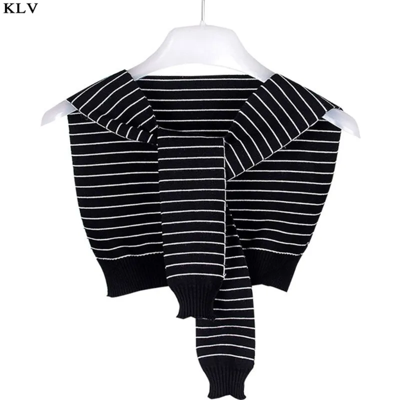 Black Children Boys Girls Navy Style Knitted False Collar Shawl Black White Stripes Self-Tie Fake Sweater Cape Shoulder with Sleeves - Цвет: Black