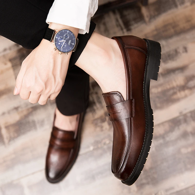 Retro Men Leather Dress Shoes Brogue Style Party Formal Shoes Wedding Flats Oxfords Slip on Fashion Loafers 46 leather shoes