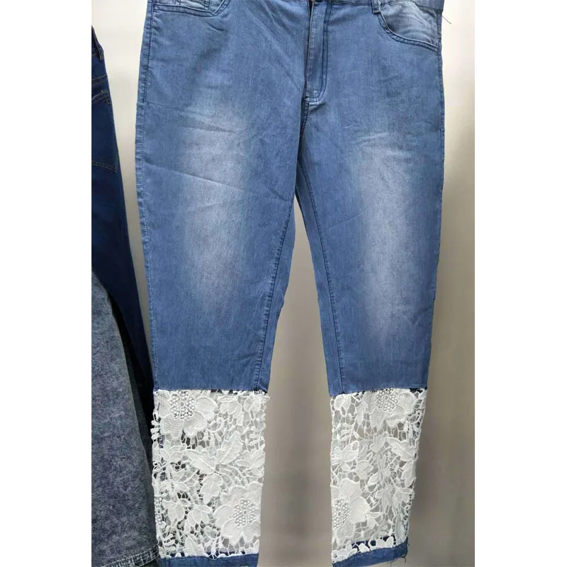 darkblue Plus Size Fat MM S-5XL Womens Denim Pants Summer New Mid Waist Slim Jeans Solid Color Women Trousers With Lace Girls A183 - Цвет: darkblue