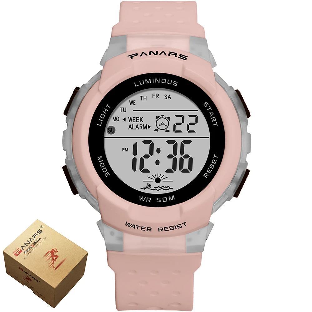 Pink with box PANARS спортивные часы для детей, детские электронные часы, цветной светодиодный ночник, водонепроницаемые наручные часы для маленьких мальчиков, подарки для девочек - Цвет: Pink with box