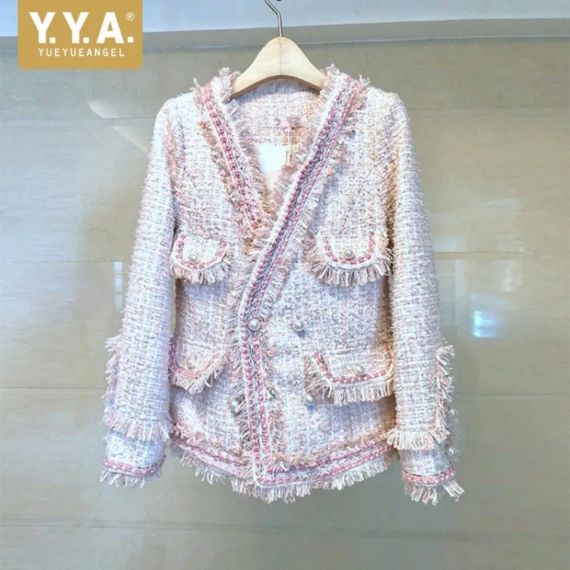 Elegant Ladies Long Sleeve Pearls Double Breasted V-Neck Jackets Fashion Qualities Tassel Slim Womens Formal Party Wear Coats | Женская
