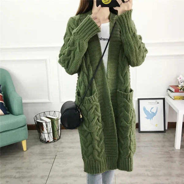 Women Long Cardigans Autumn Winter Open Stitch Knitting Loose Sweater Oversized Cardigans big pockets Cardigan Fall Jacket Coat - Цвет: Green