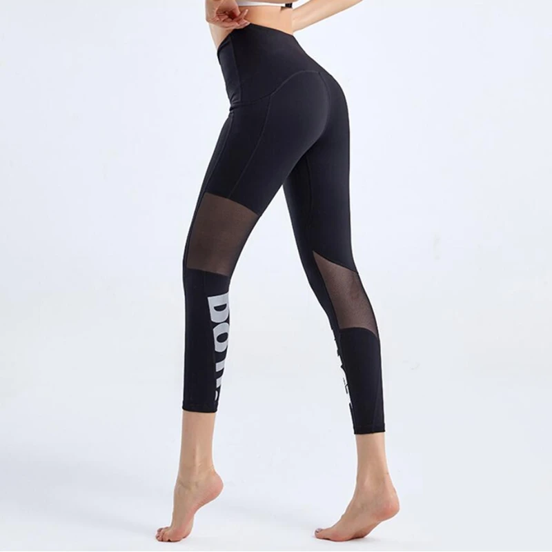 Summer Female Mesh Stitching Pilates Leggings Letter Printing Elastic Thin Running Fitness Leggings Women Tight Yoga Pants sports leggings yoga pants