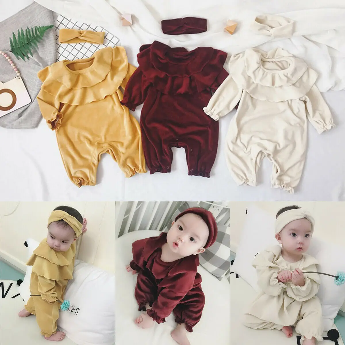 Brand Baby Kids Girls Infant Romper Ruffle Solid Jumpsuit Headband Princess Autumn Winter Soft Velvet Clothes Outfit New