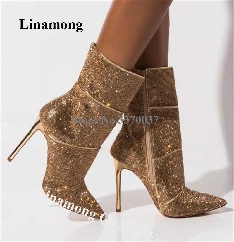 Linamong Bling Bling Pointed Toe Rhinestone Stiletto Heel Short Boots Gold Silver Crystal Ankle Booties Wedding Dress Heels