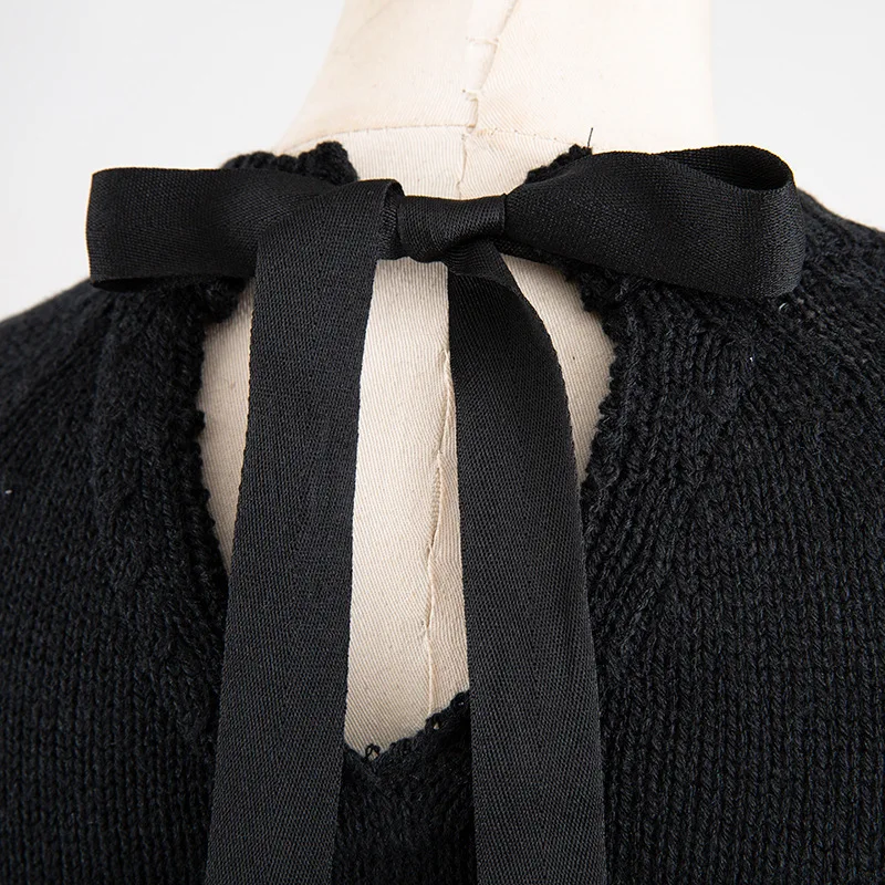 TVVOVVIN Women Dress V Neck Patchwork Knitted Dresses Lace Up Hollow Out Long Sleeve Vintage All Match Long Black Dresses B286