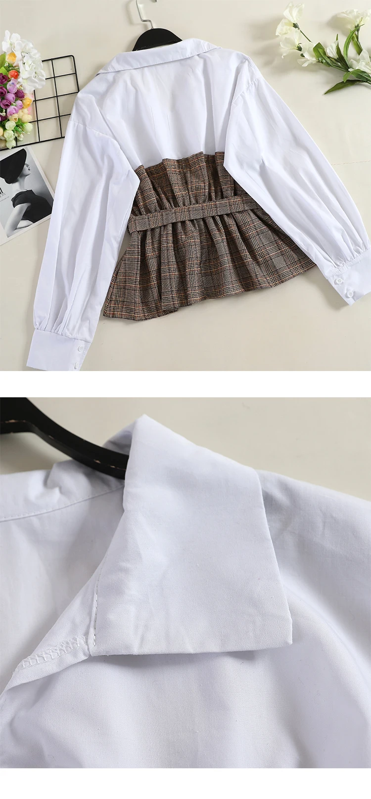 SINGRAIN Женская Клетчатая блуза с отложным воротником и длинными рукавами, топы с поясом, осенняя женская уличная Свободная белая блузка