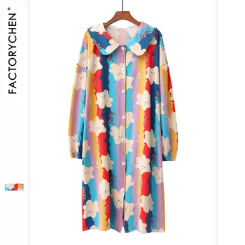 

Women Sweet Rainbow Bear Autumn And Winter 100% Cotton Long Sleeve Nightdress Loose Long Pijamas Home Service Piyama Femme