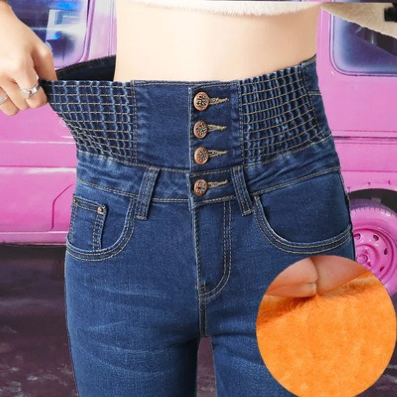 2019 узкие брюки с высокой талией женские зимние джинсы на флисовой подкладке