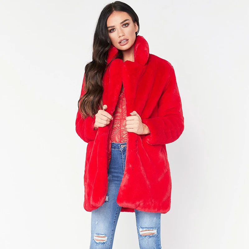 red FHILLINUO, длинное женское пальто из искусственного меха, горячая Распродажа, повседневное, одноцветное, свободное, мягкое, кроличий мех, верхняя одежда для женщин, 7 цветов на выбор - Цвет: red
