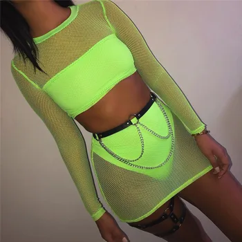 

See Through Mesh Three Piece Set Women Long Sleeve Crop Top Loose Skirt Black Faux Leather Rivet Belt Sexy Clubwear 3 Pcs Set